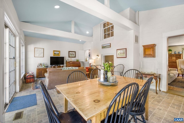 2616 Jefferson Park Cir, Charlottesville, VA 22903 - dining area with recessed lighting, visible vents, and high vaulted ceiling