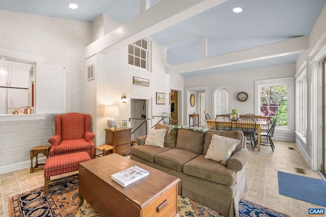 2616 Jefferson Park Cir, Charlottesville, VA 22903 - living room with recessed lighting, baseboards, visible vents, and high vaulted ceiling