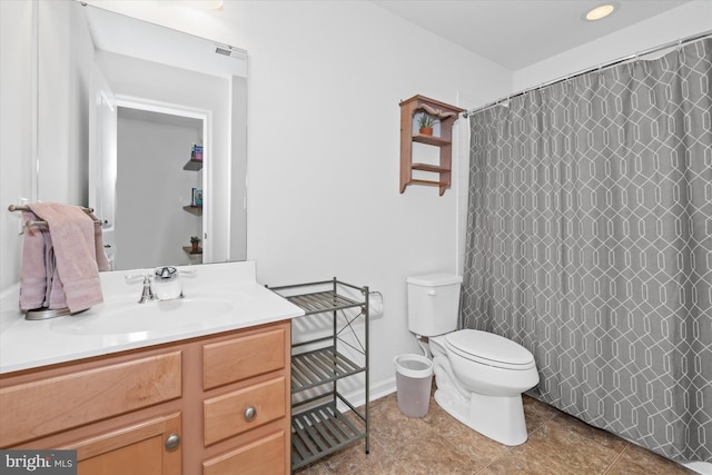 bathroom with a shower with curtain, toilet, visible vents, tile patterned flooring, and vanity