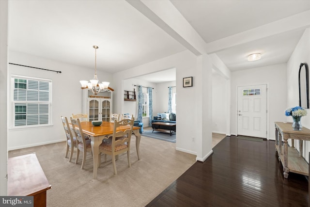 dining room featuring baseboards, wood finished floors, a chandelier, and a healthy amount of sunlight