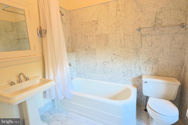 2203 N Grant Ave, Wilmington, DE 19806 - full bath with toilet, shower / bathtub combination with curtain, a sink, and marble finish floor