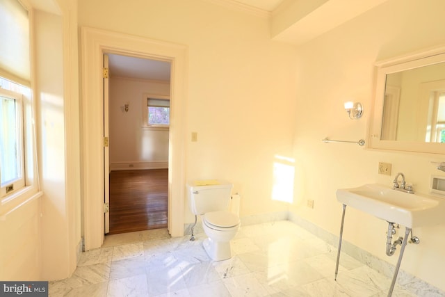 2203 N Grant Ave, Wilmington, DE 19806 - bathroom featuring crown molding, a sink, toilet, marble finish floor, and baseboards