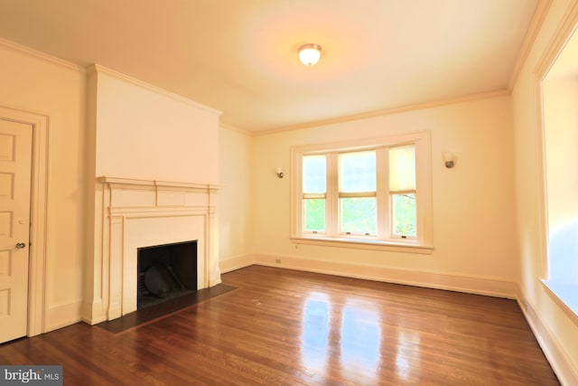 2203 N Grant Ave, Wilmington, DE 19806 - unfurnished living room with baseboards, a fireplace with flush hearth, dark wood finished floors, and ornamental molding