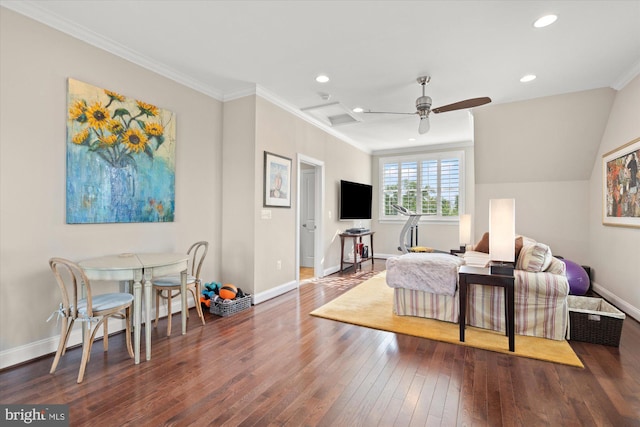 living area featuring crown molding, ceiling fan, hardwood / wood-style floors, recessed lighting, and baseboards