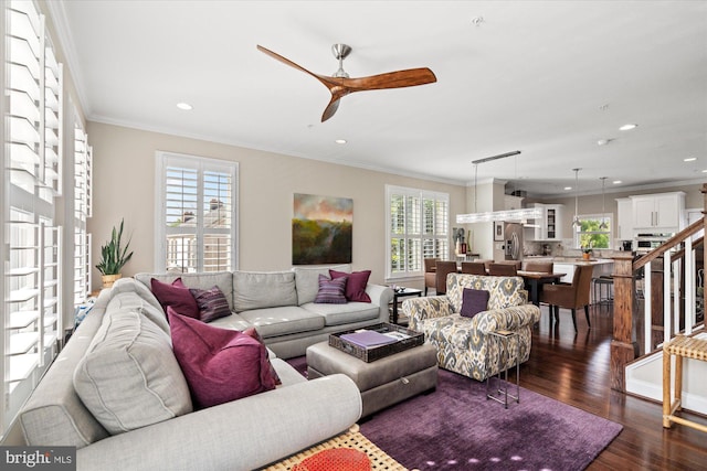 living room featuring crown molding, a ceiling fan, dark wood-style floors, and recessed lighting