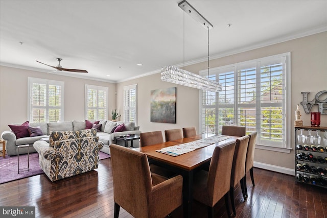dining area featuring crown molding, dark wood-style flooring, and a wealth of natural light