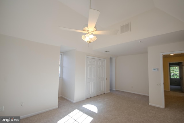 907 Riverside Rd, Salisbury, MD 21801 - unfurnished bedroom featuring a ceiling fan, visible vents, vaulted ceiling, a closet, and carpet