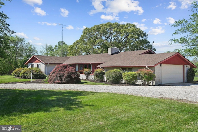 5537 Eldorado Sharptown Rd, Rhodesdale, MD 21659 - single story home with a chimney, an attached garage, a front lawn, and gravel driveway