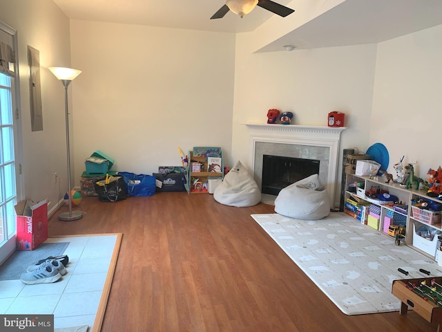 living room with wood finished floors, ceiling fan, electric panel, and a premium fireplace
