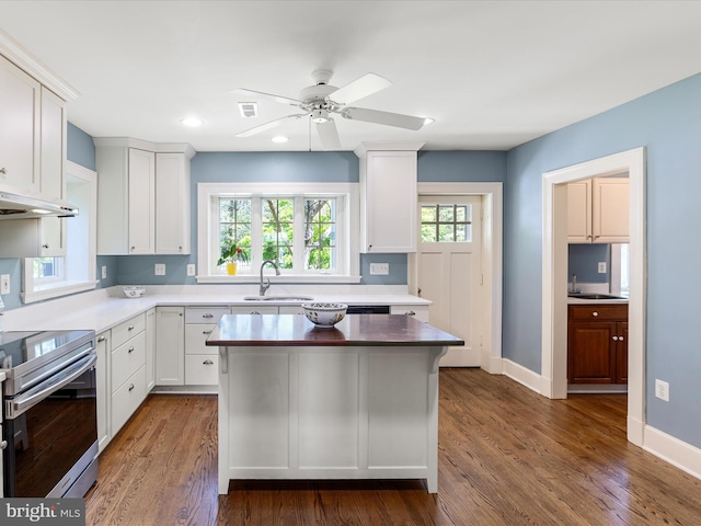 kitchen with stainless steel electric range oven, white cabinetry, dark wood finished floors, and a sink