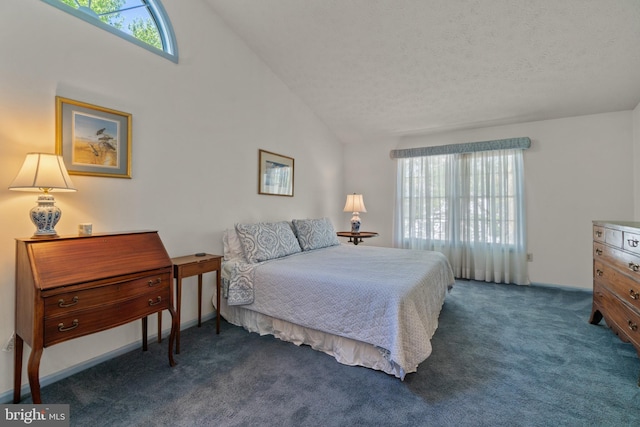 bedroom featuring high vaulted ceiling, multiple windows, dark colored carpet, and a textured ceiling