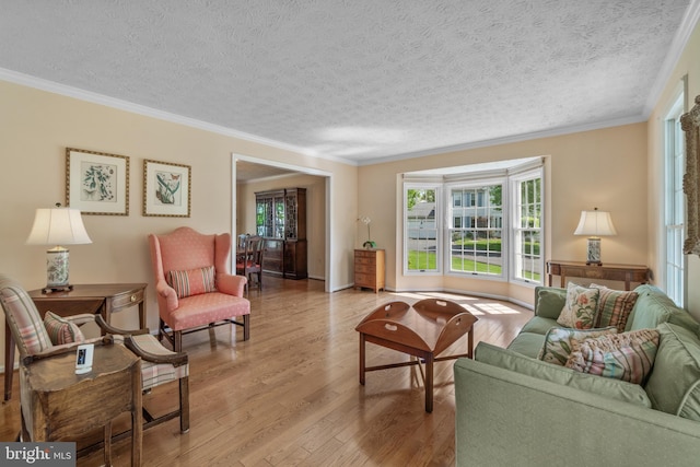 living room featuring crown molding, a textured ceiling, and wood finished floors