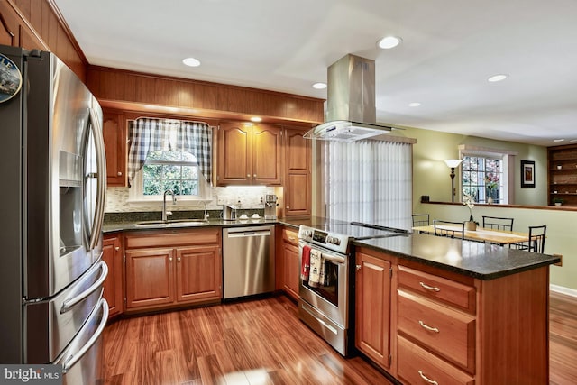 kitchen featuring island range hood, appliances with stainless steel finishes, a sink, dark wood-style floors, and a peninsula