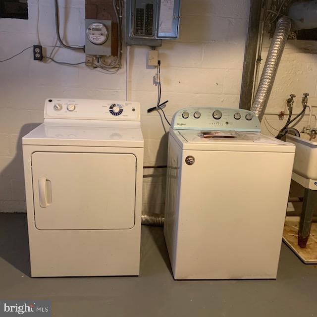515 Wood St, Baltimore, MD 21225 - washroom with washing machine and clothes dryer, electric panel, and concrete block wall