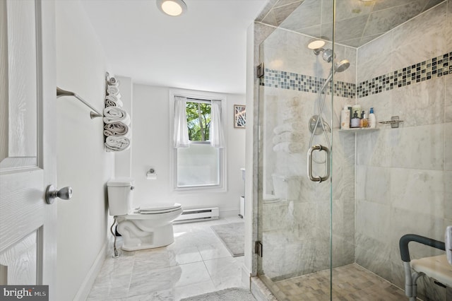 full bath with a shower stall, a baseboard radiator, baseboards, and toilet