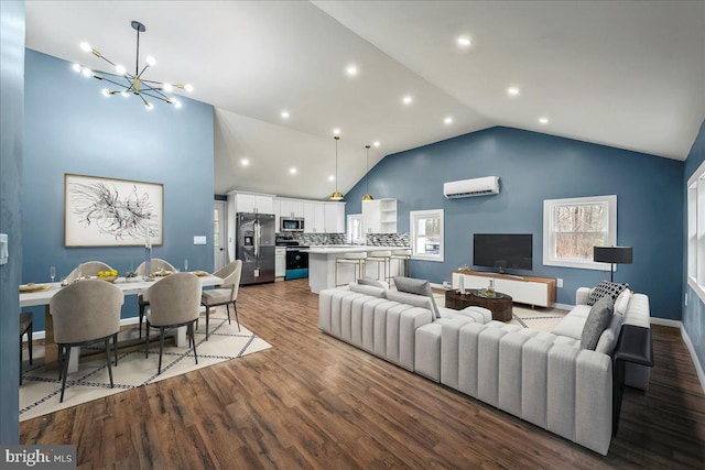696 Burger Hollow Rd, Kunkletown, PA 18058 - living area with recessed lighting, lofted ceiling, an inviting chandelier, wood finished floors, and a wall unit AC
