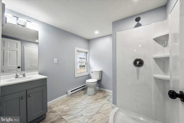 696 Burger Hollow Rd, Kunkletown, PA 18058 - bathroom with marble finish floor, toilet, baseboards, a baseboard radiator, and walk in shower