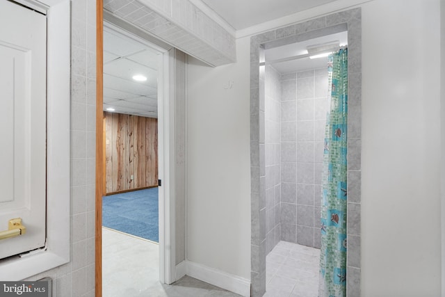 bathroom with recessed lighting and tiled shower