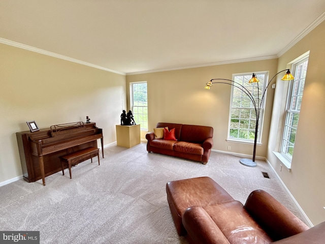 14100 Twisting Ln, Dayton, MD 21036 - carpeted living area with crown molding, plenty of natural light, and baseboards