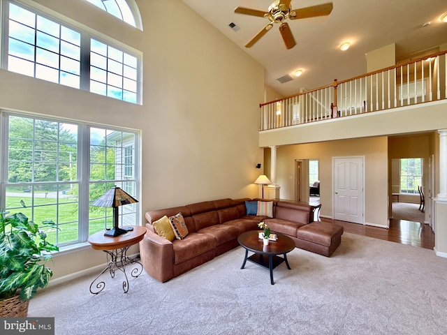 14100 Twisting Ln, Dayton, MD 21036 - living room featuring high vaulted ceiling, carpet, ceiling fan, and baseboards