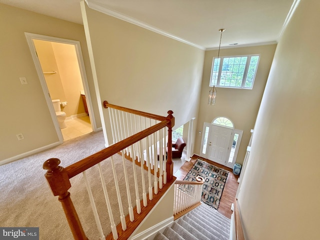 14100 Twisting Ln, Dayton, MD 21036 - foyer with carpet flooring, baseboards, and crown molding
