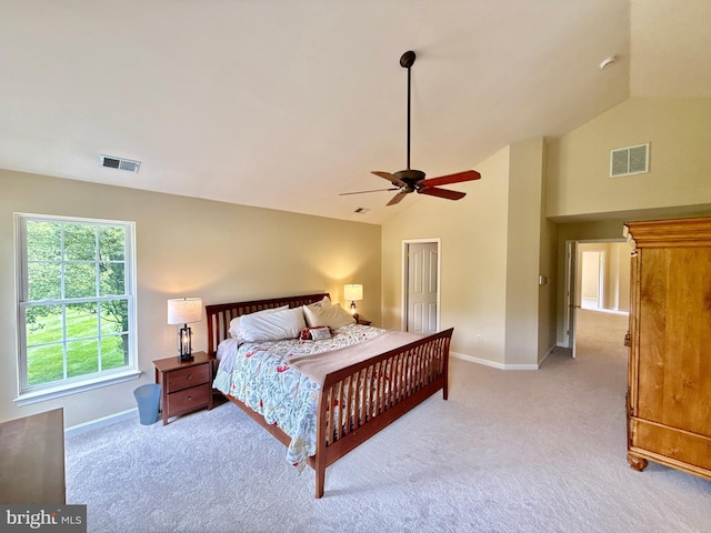 14100 Twisting Ln, Dayton, MD 21036 - bedroom featuring light colored carpet, baseboards, ceiling fan, and high vaulted ceiling