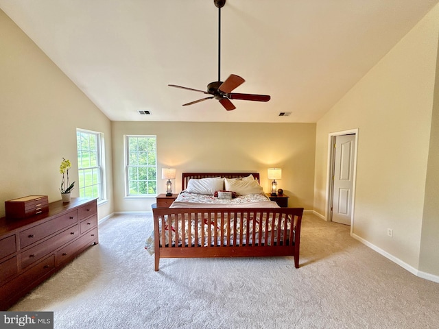 14100 Twisting Ln, Dayton, MD 21036 - bedroom with light colored carpet, baseboards, a ceiling fan, and high vaulted ceiling