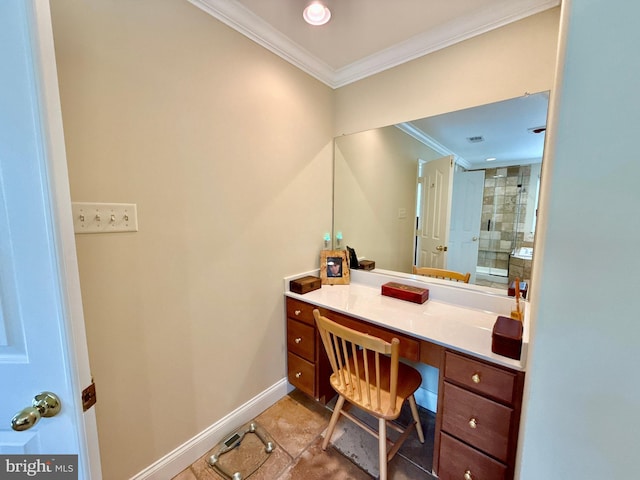 14100 Twisting Ln, Dayton, MD 21036 - bathroom featuring crown molding, vanity, baseboards, tile patterned floors, and a tile shower
