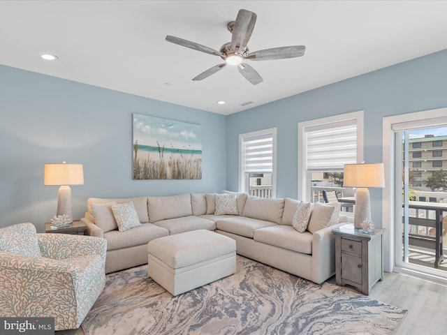 BAYSIDE75UNITN 75th St, Ocean City, MD 21842 - living room featuring light wood-type flooring, a ceiling fan, and recessed lighting