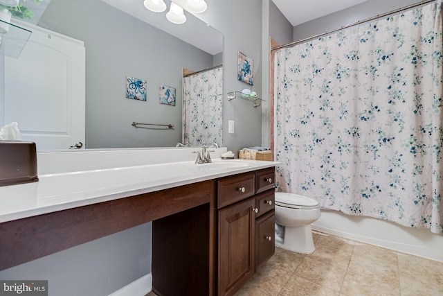 bathroom with tile patterned floors, shower / bathtub combination with curtain, toilet, and vanity
