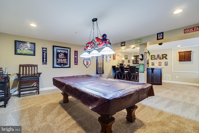 rec room with a dry bar, carpet, billiards, and baseboards