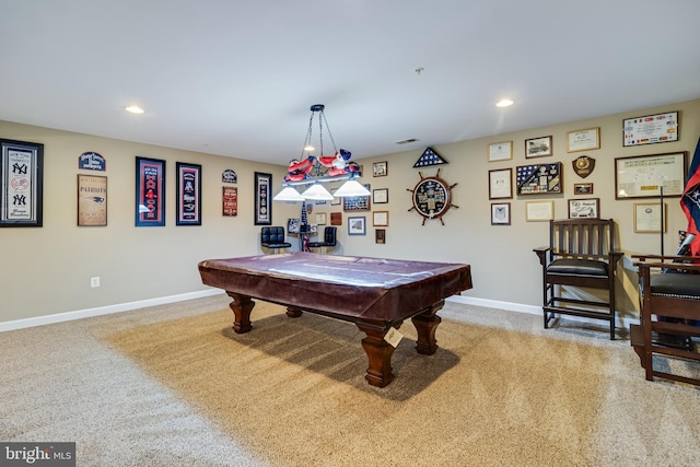 game room featuring baseboards, recessed lighting, billiards, and carpet