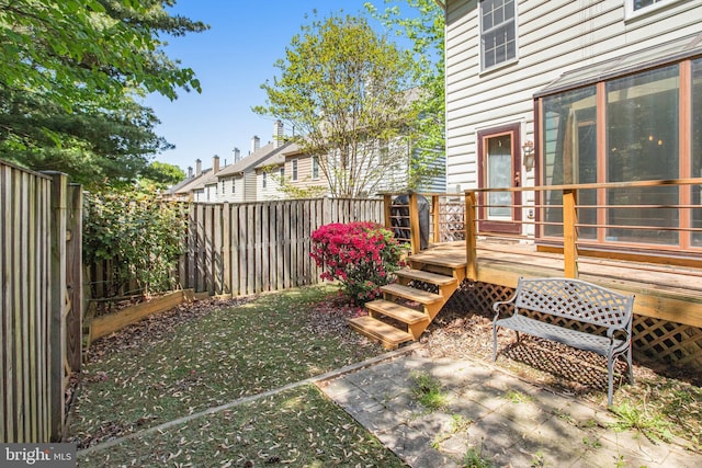 view of yard featuring a fenced backyard and a deck