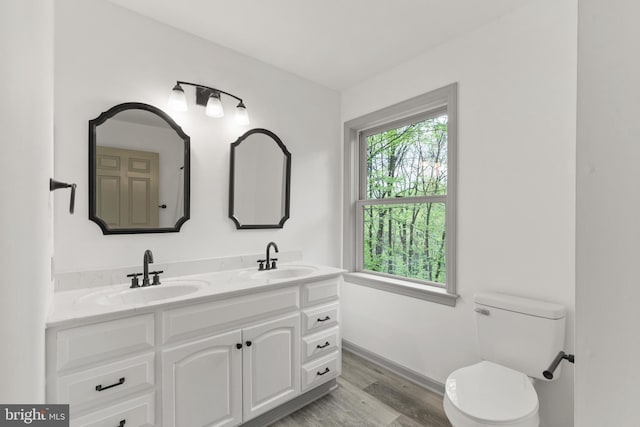bathroom featuring double vanity, toilet, a sink, and wood finished floors