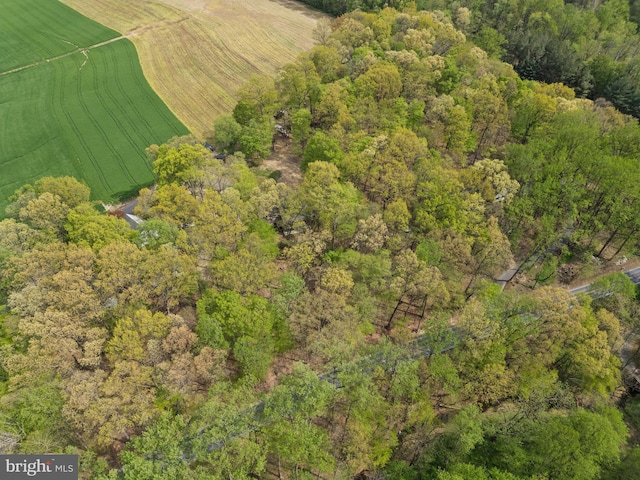 aerial view featuring a wooded view