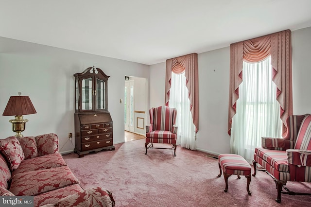 carpeted living room featuring baseboards and a healthy amount of sunlight