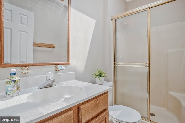 full bathroom with toilet, vanity, and a shower stall