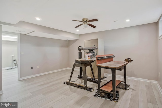 office area featuring ceiling fan, recessed lighting, baseboards, and light wood-style floors