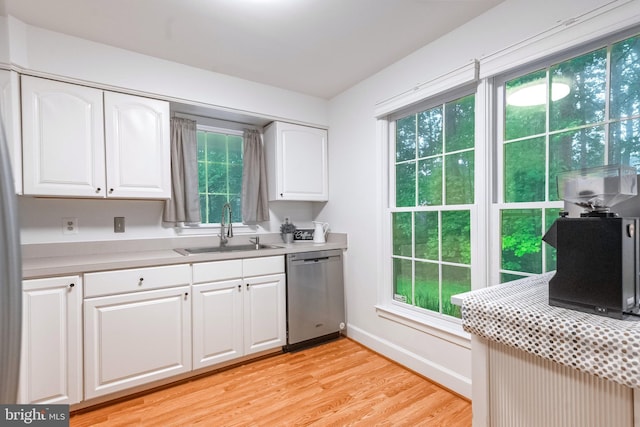 1541 Church Hill Pl Unit 1541, Reston, VA 20194 - kitchen featuring light wood-style flooring, a sink, white cabinetry, stainless steel dishwasher, and light countertops