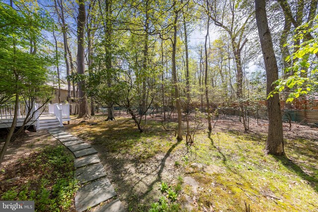 view of yard featuring a deck and fence