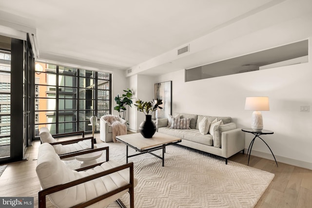 living room with wood-type flooring, plenty of natural light, expansive windows, and baseboards