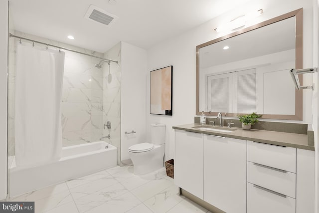 full bath featuring toilet, recessed lighting, marble look tiles, shower / bath combo with shower curtain, and vanity