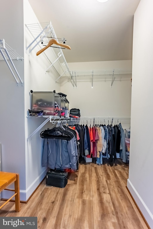 walk in closet with wood finished floors