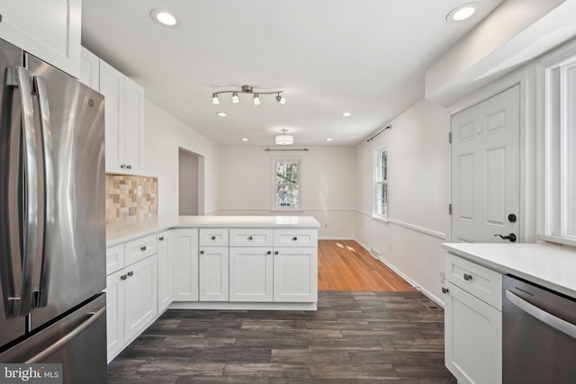 kitchen featuring recessed lighting, stainless steel appliances, a peninsula, and dark wood-style flooring
