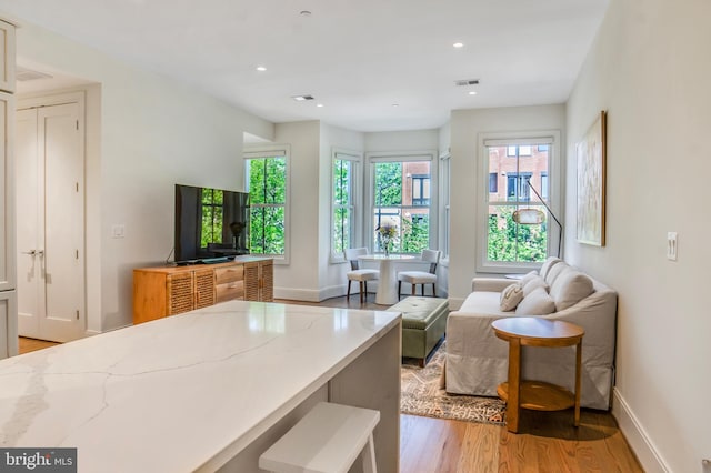 living area featuring baseboards, recessed lighting, light wood-style flooring, and visible vents