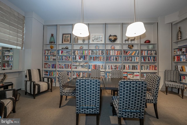living area featuring wall of books, carpet flooring, and built in shelves