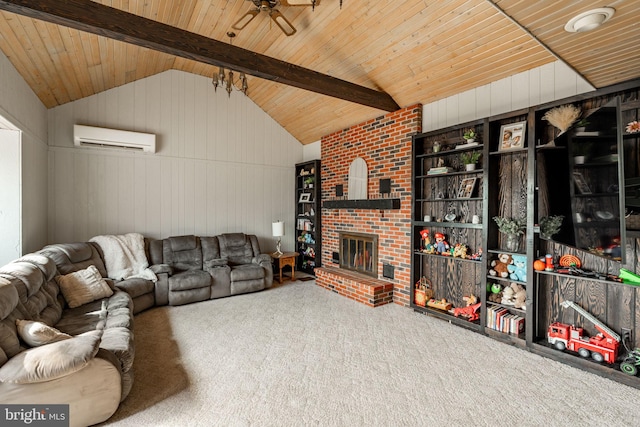 carpeted living area featuring vaulted ceiling with beams, an AC wall unit, wood walls, and ceiling fan
