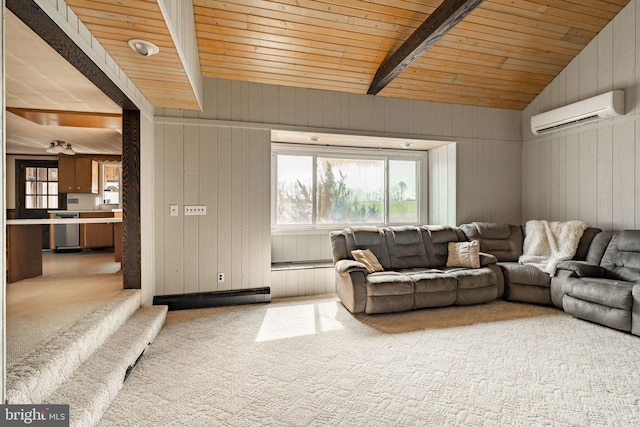 living room with wood ceiling, a wall mounted AC, carpet flooring, and a wealth of natural light