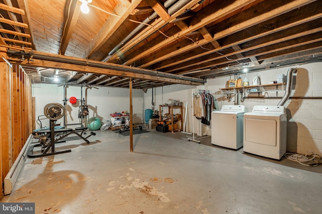 unfinished below grade area with concrete block wall and washer and dryer
