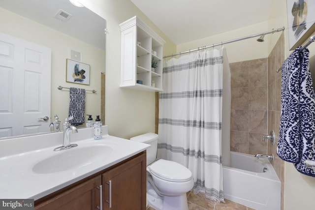 bathroom featuring visible vents, vanity, toilet, shower / bathtub combination with curtain, and tile patterned floors